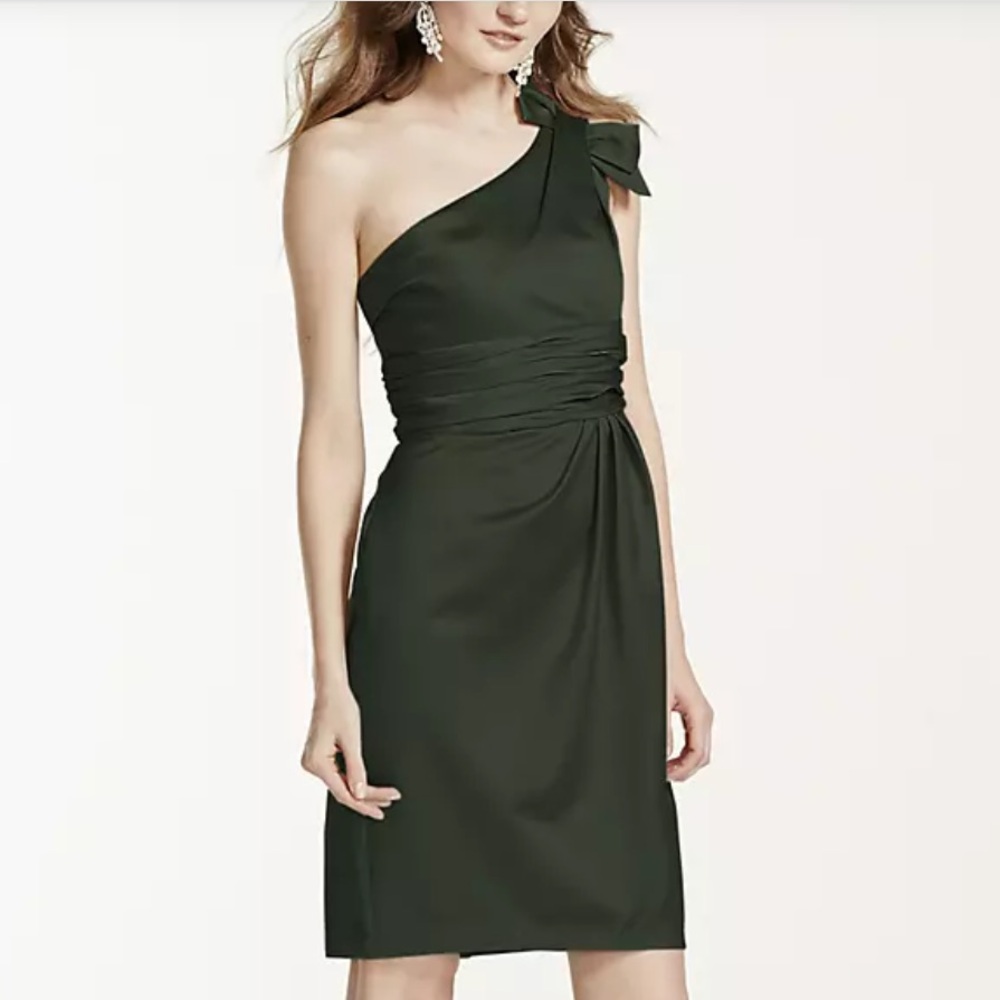 David's Bridal One Shoulder Dress in Dark Green